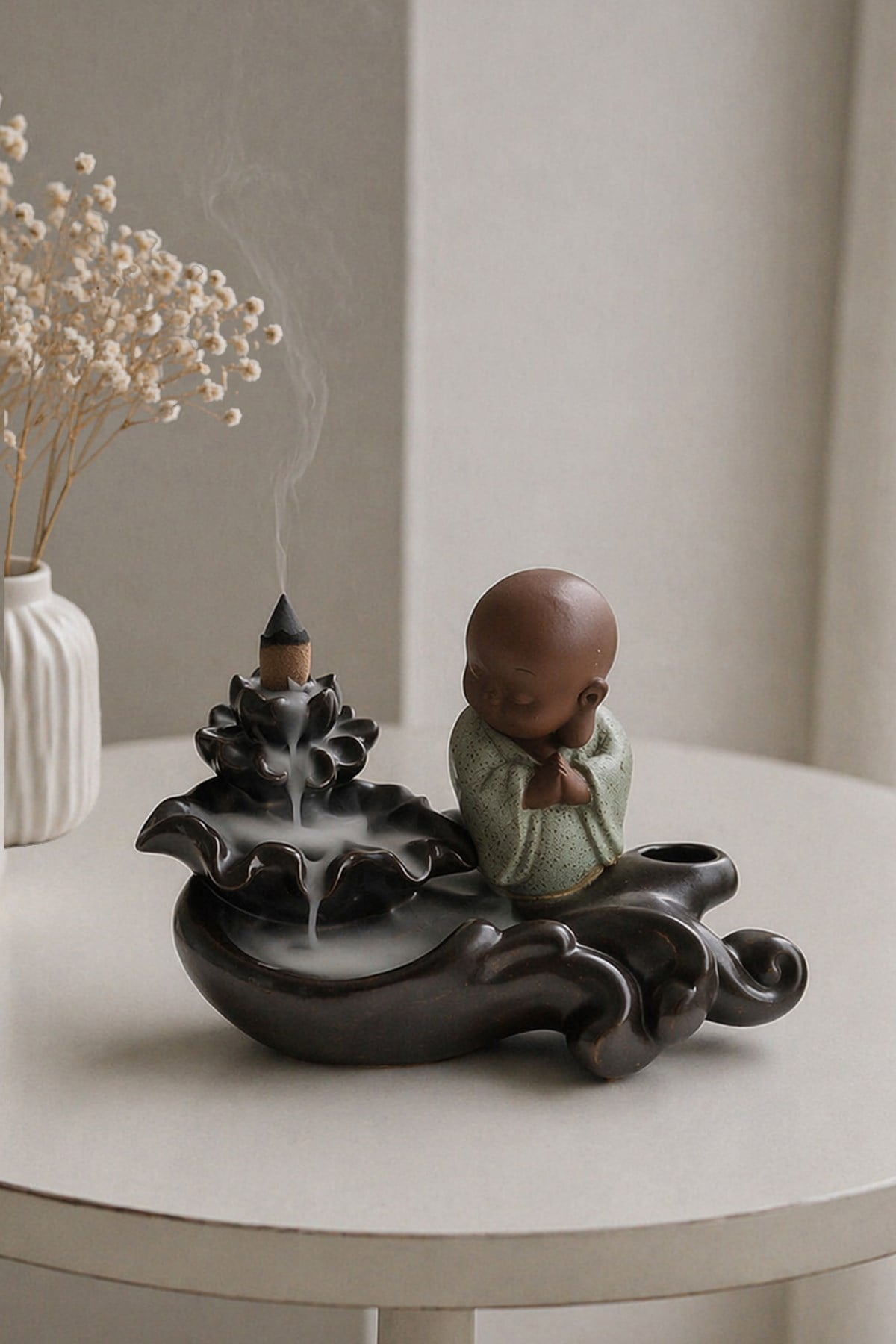 13 Cm Çiçekli Mini Budha Koyu Kahvrengi Ters Akış Tütsülük