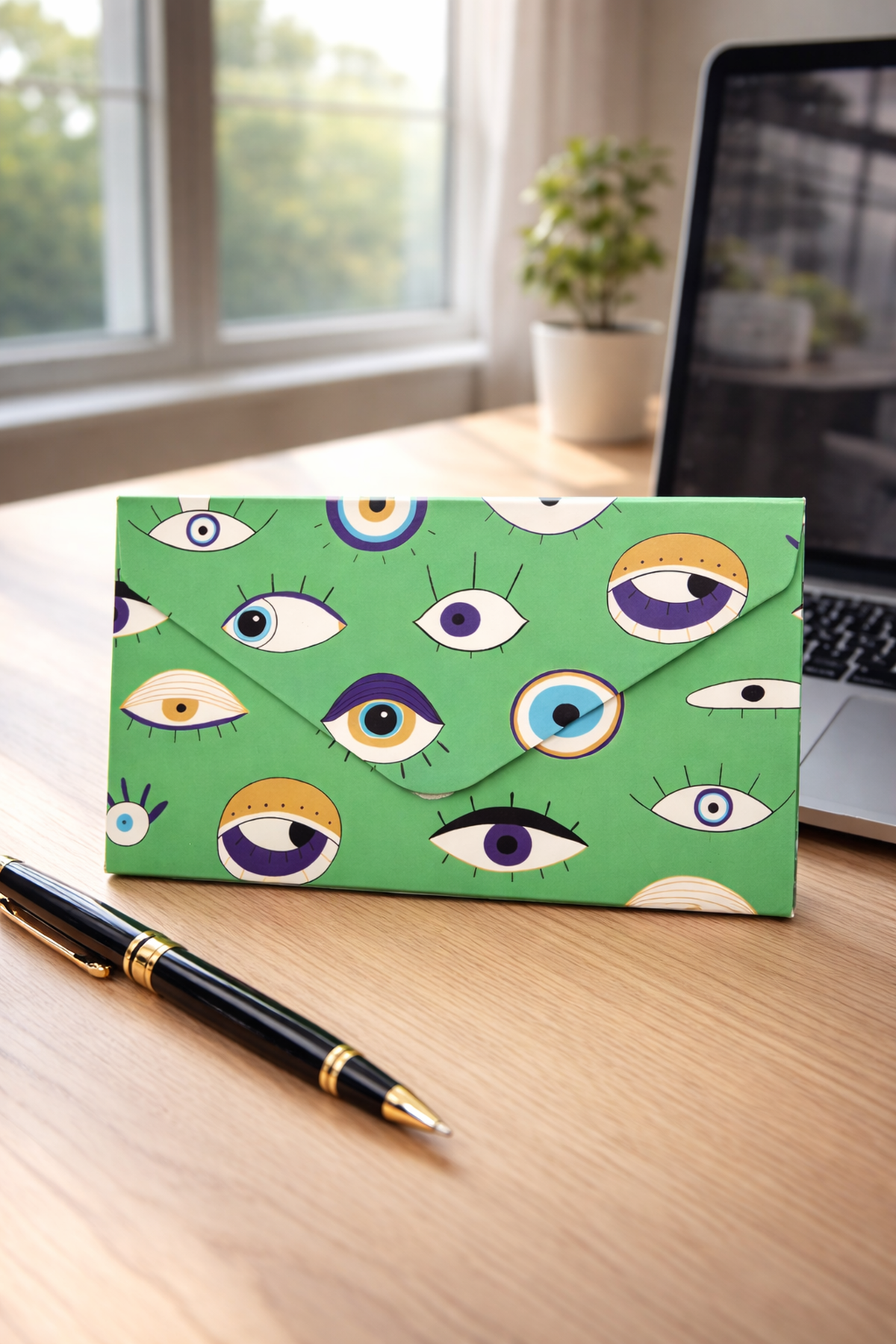 17 Cm Yeşil Nazar Göz Temalı Çizgisiz Zarf Defter