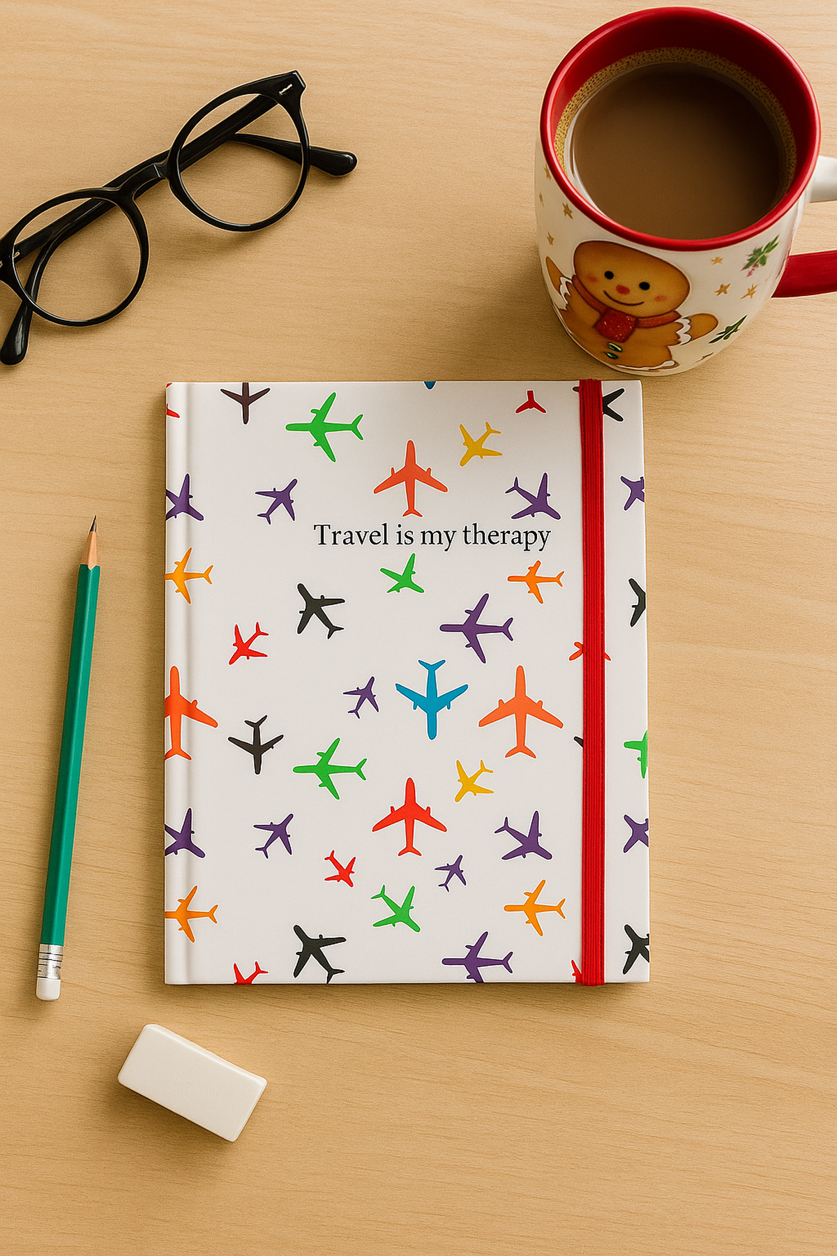 20 Cm Beyaz Renkli Uçak Figürlü Lastikli Çizgili Defter