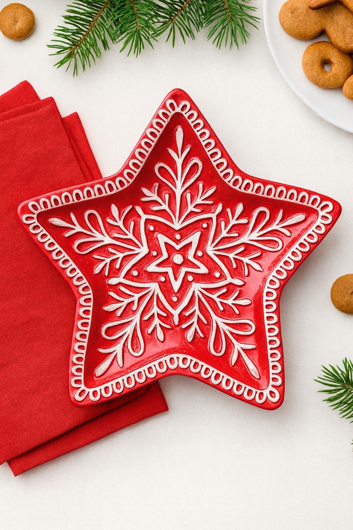 22 Cm Yılbaşı Figürlü Yıldız Desenli Seramik Tabak