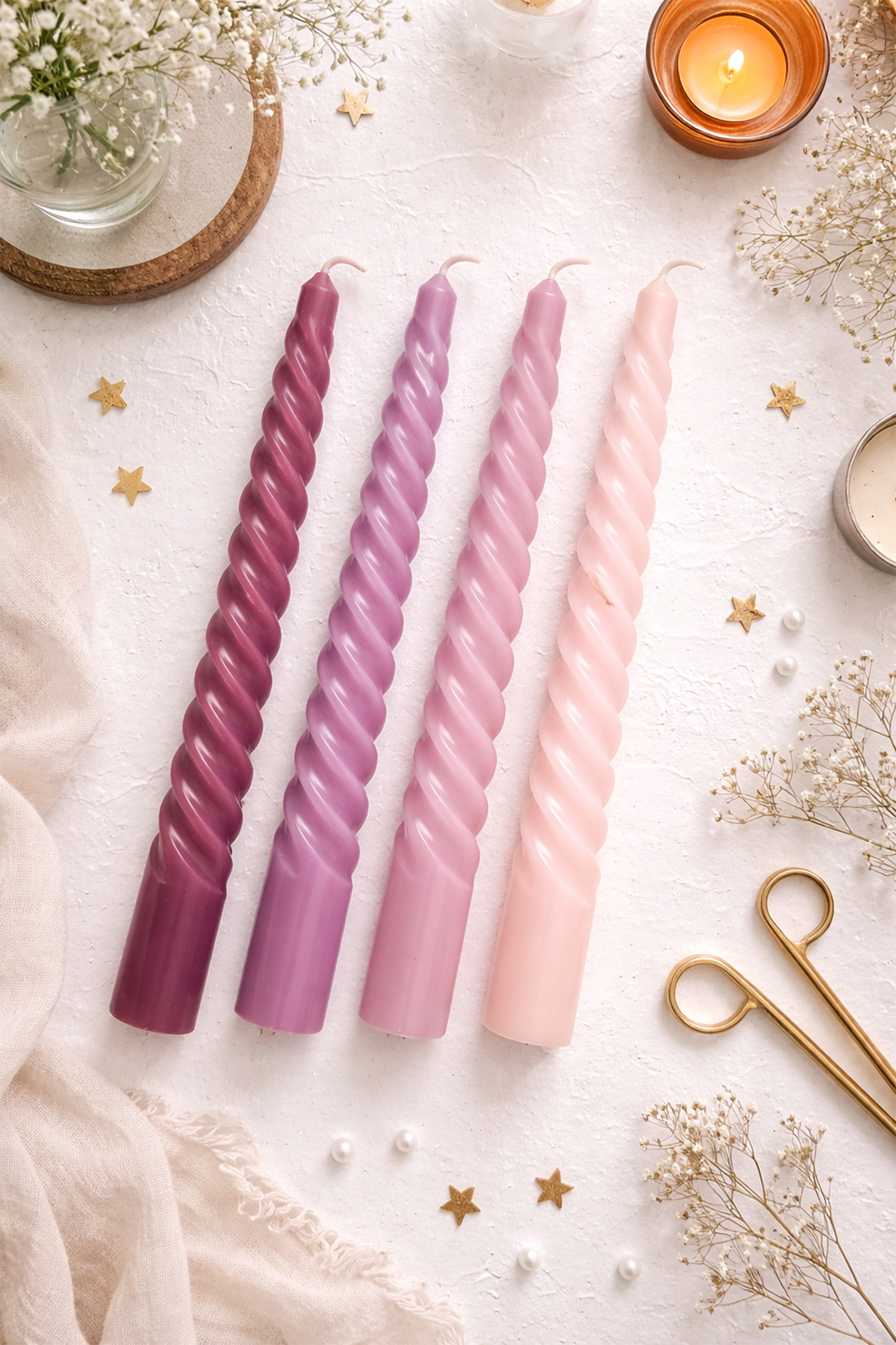25 Cm Pembe Tonları Kıvrımlı Şamdan Mum