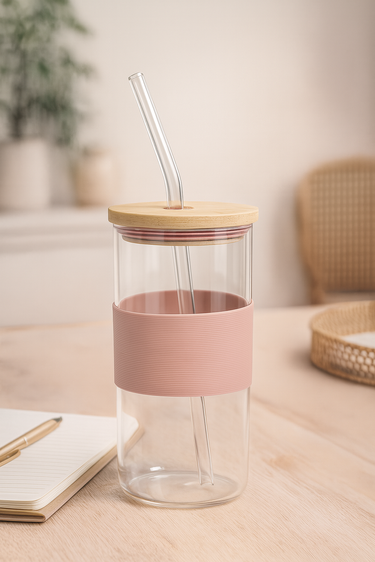 400 Ml Pembe  Bambu Kapaklı Cam Pipetli Kupa