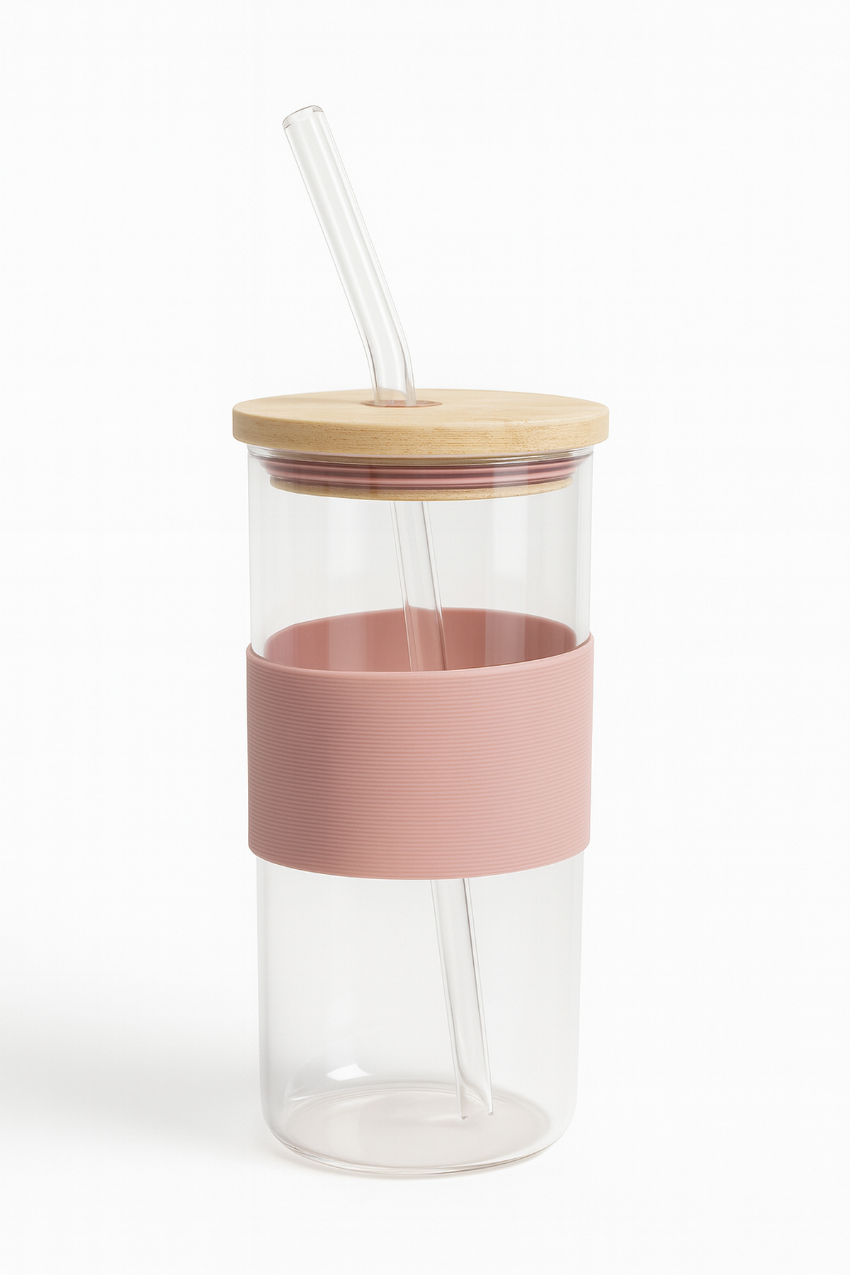 400 Ml Pembe  Bambu Kapaklı Cam Pipetli Kupa