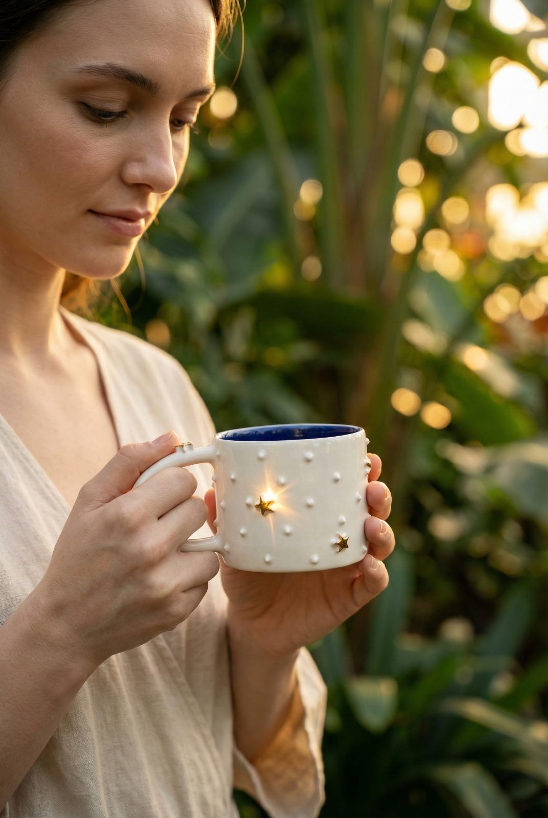 Altın Yıldız Kabartmalı Mavi Kulplu Orta Boy Kupa