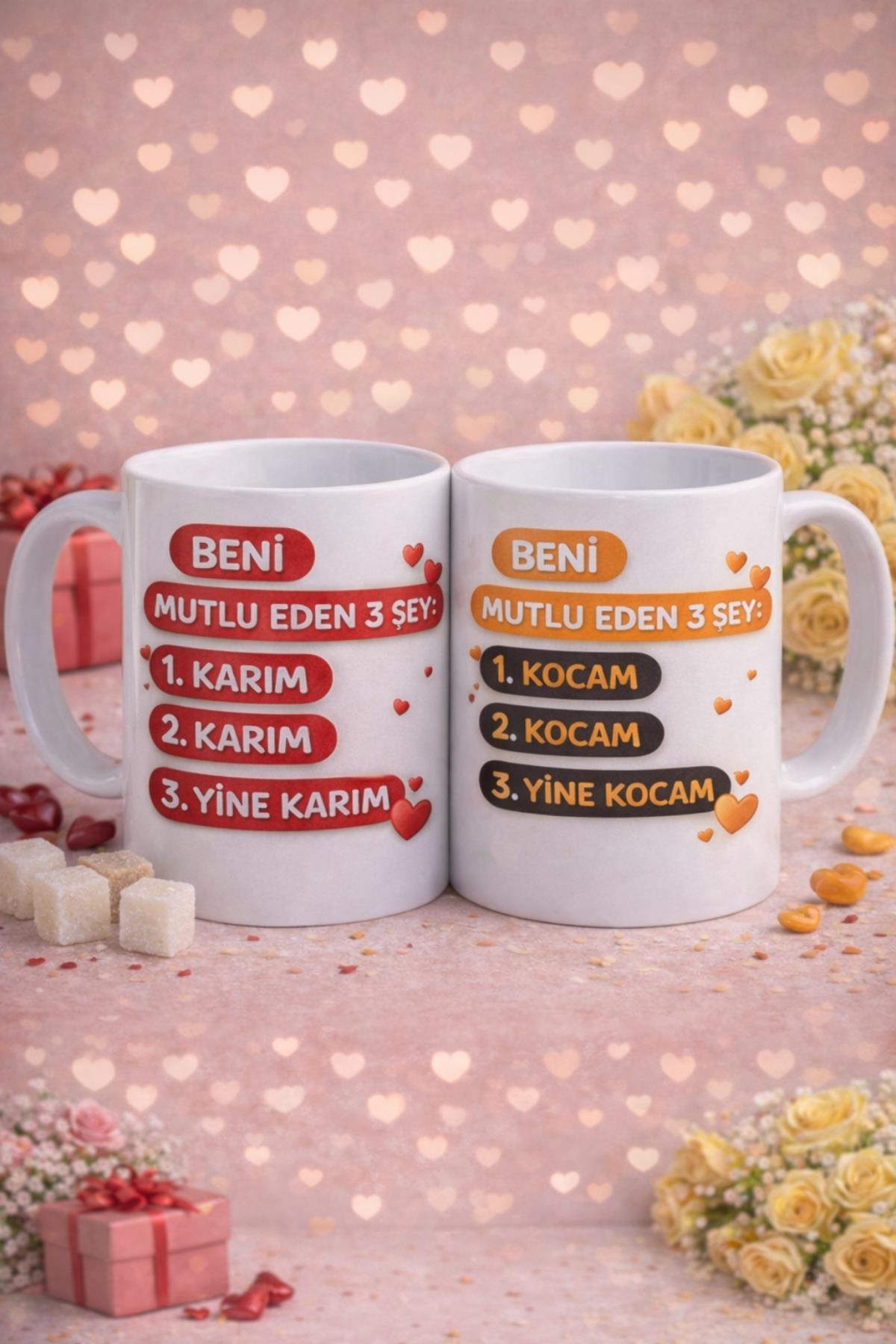 Beni Mutlu Eden 3 Şey: Karım & Kocam Kupa Bardak