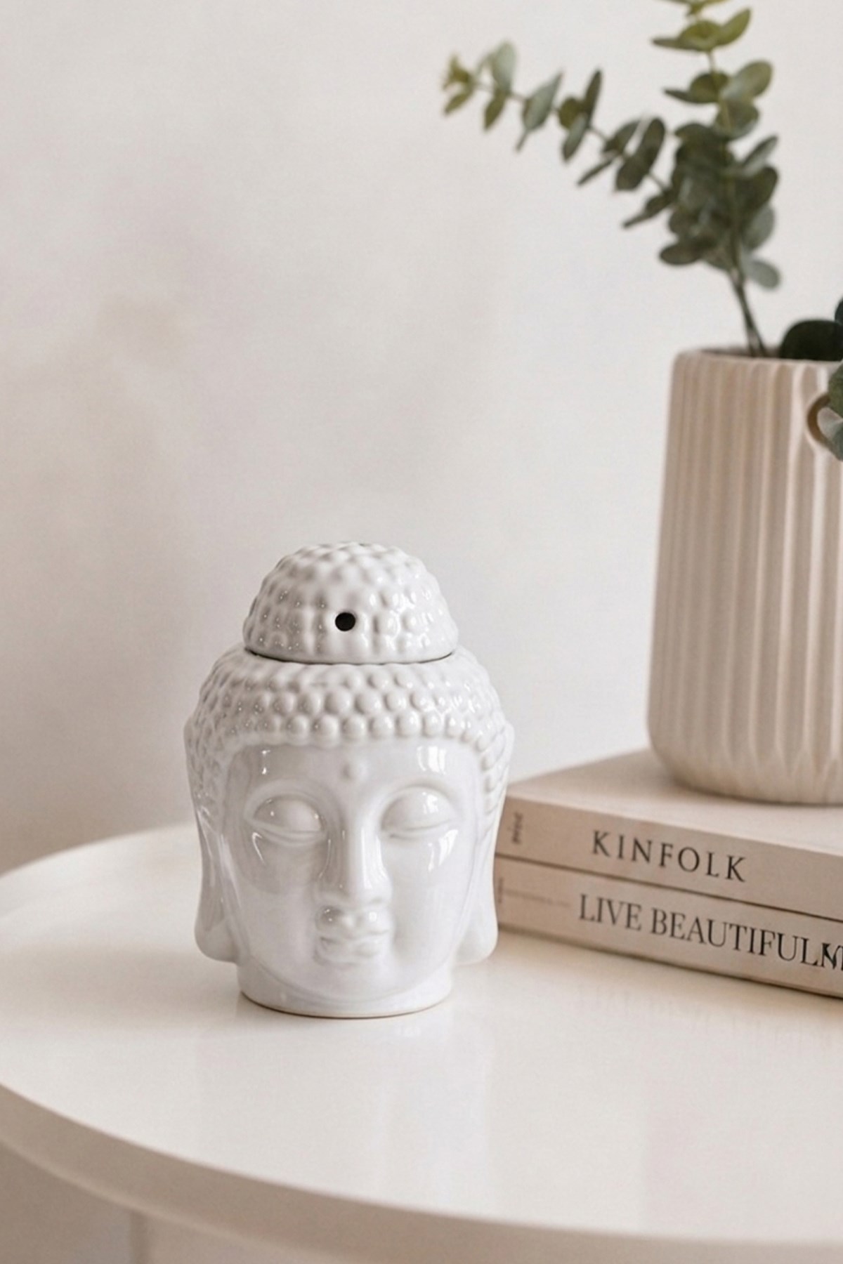 Beyaz Buddha Kafası Seramik Buhurdanlık 13 Cm