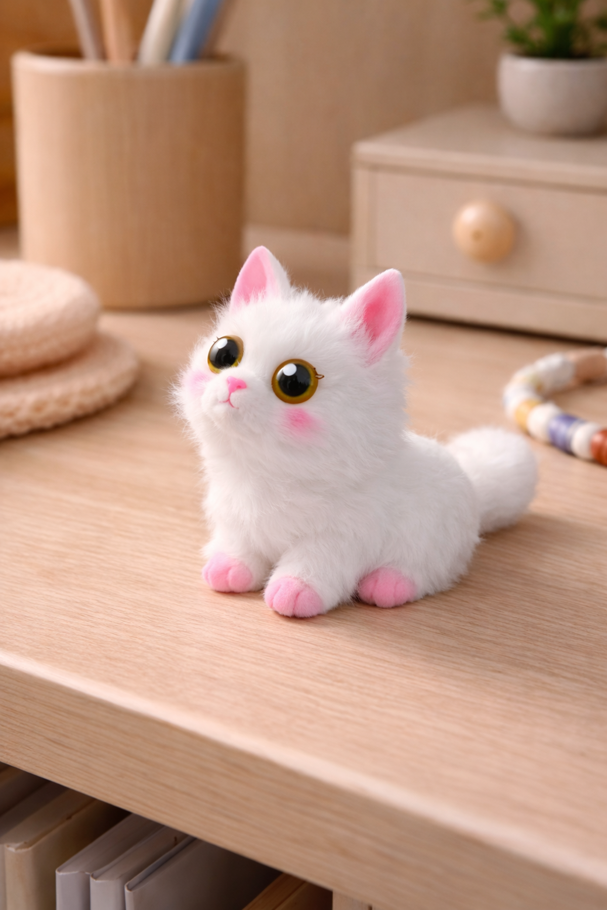 Büyük Pembe Kulaklı Beyaz Squishy Kedi