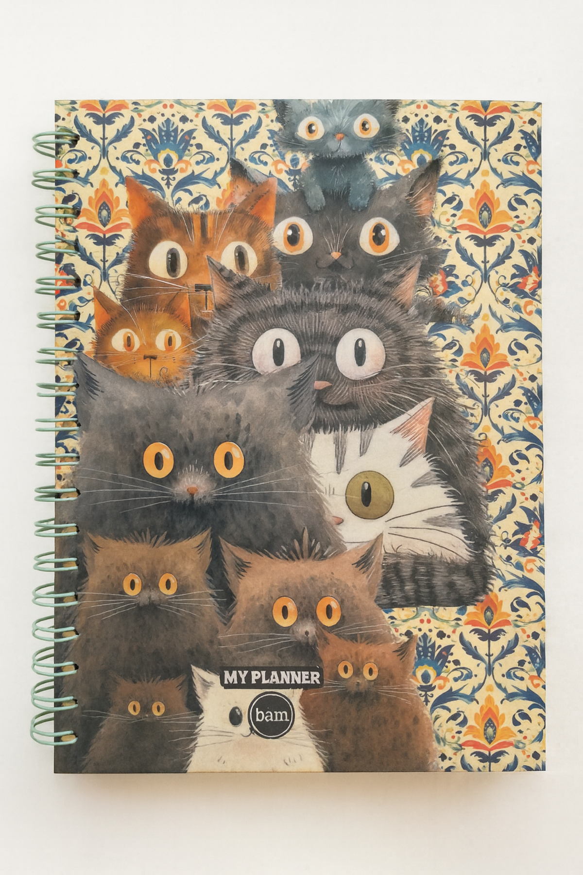 Çok Kedi Figürlü Spiral Çizgili Defter