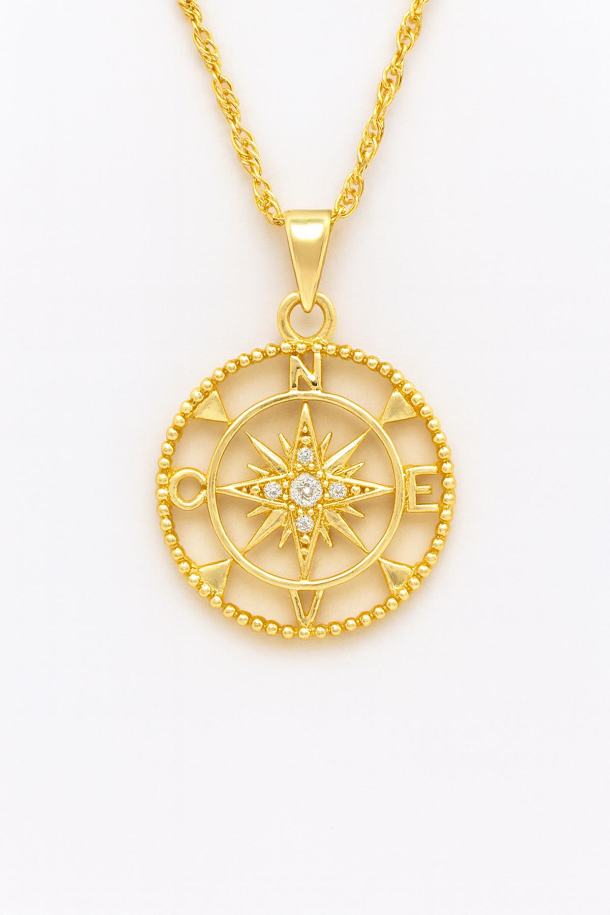 Gold Taşlı Pusula Çelik Kolye