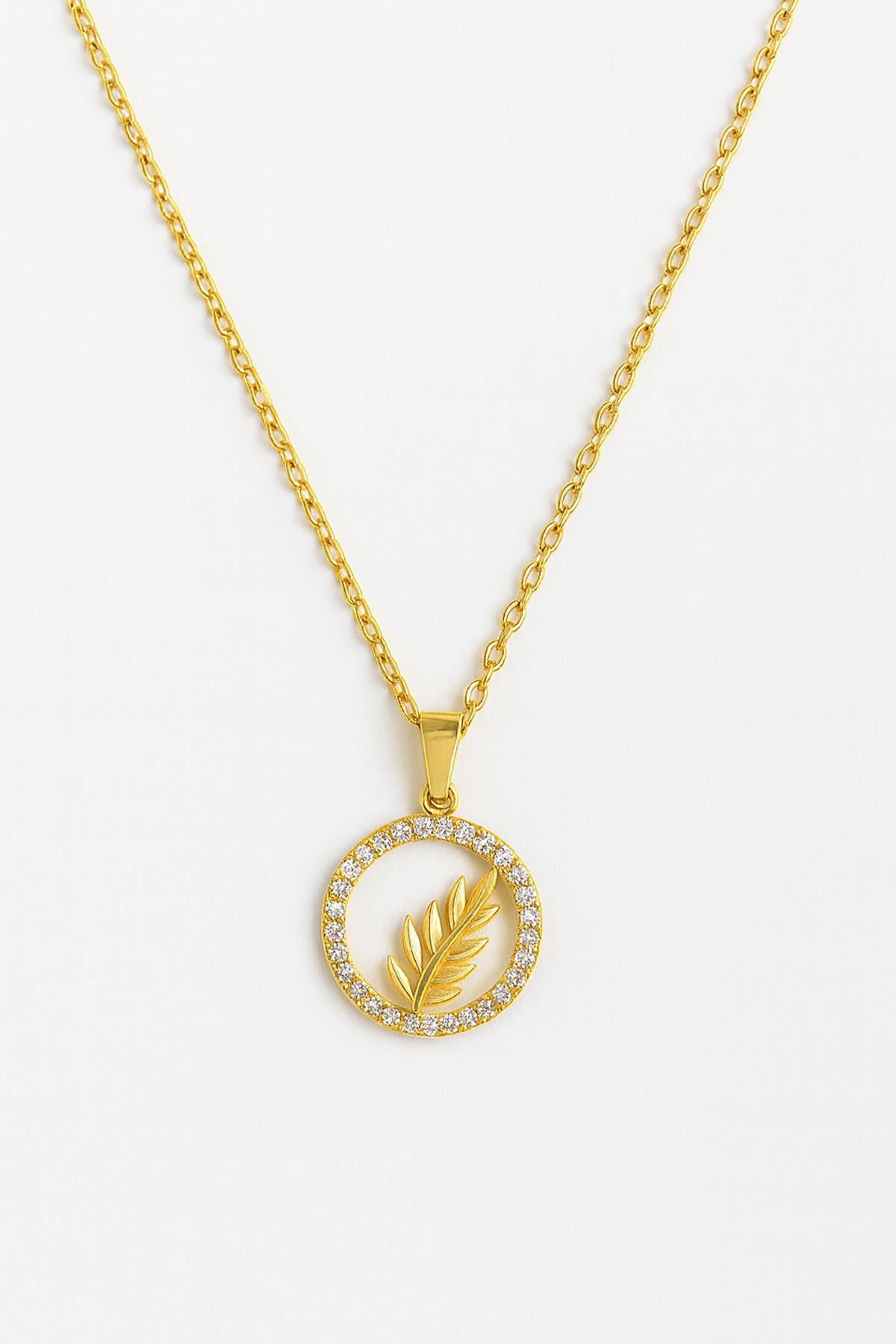 Gold Daire İçinde Zeytin Dalı Çelik Kolye