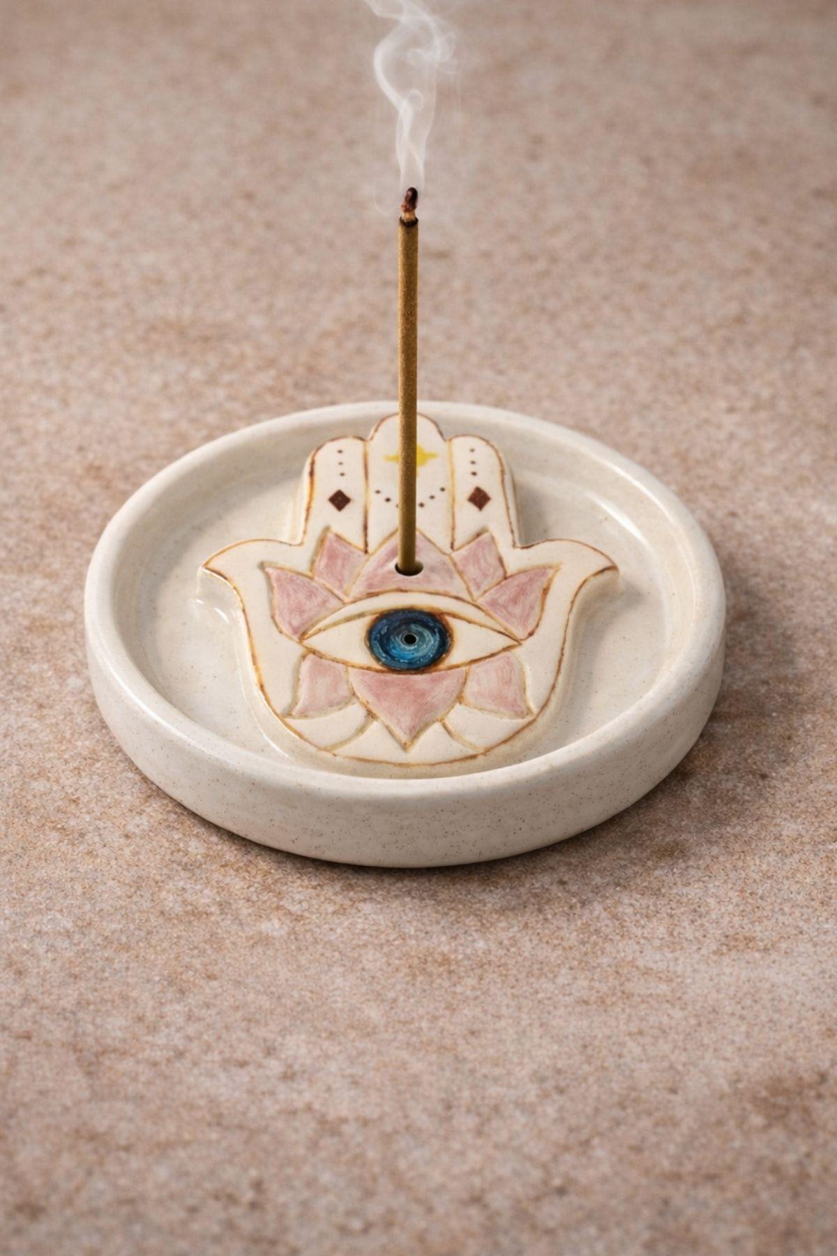 Hamsa Figürlü Nazar Göz Seramik Tütsülük