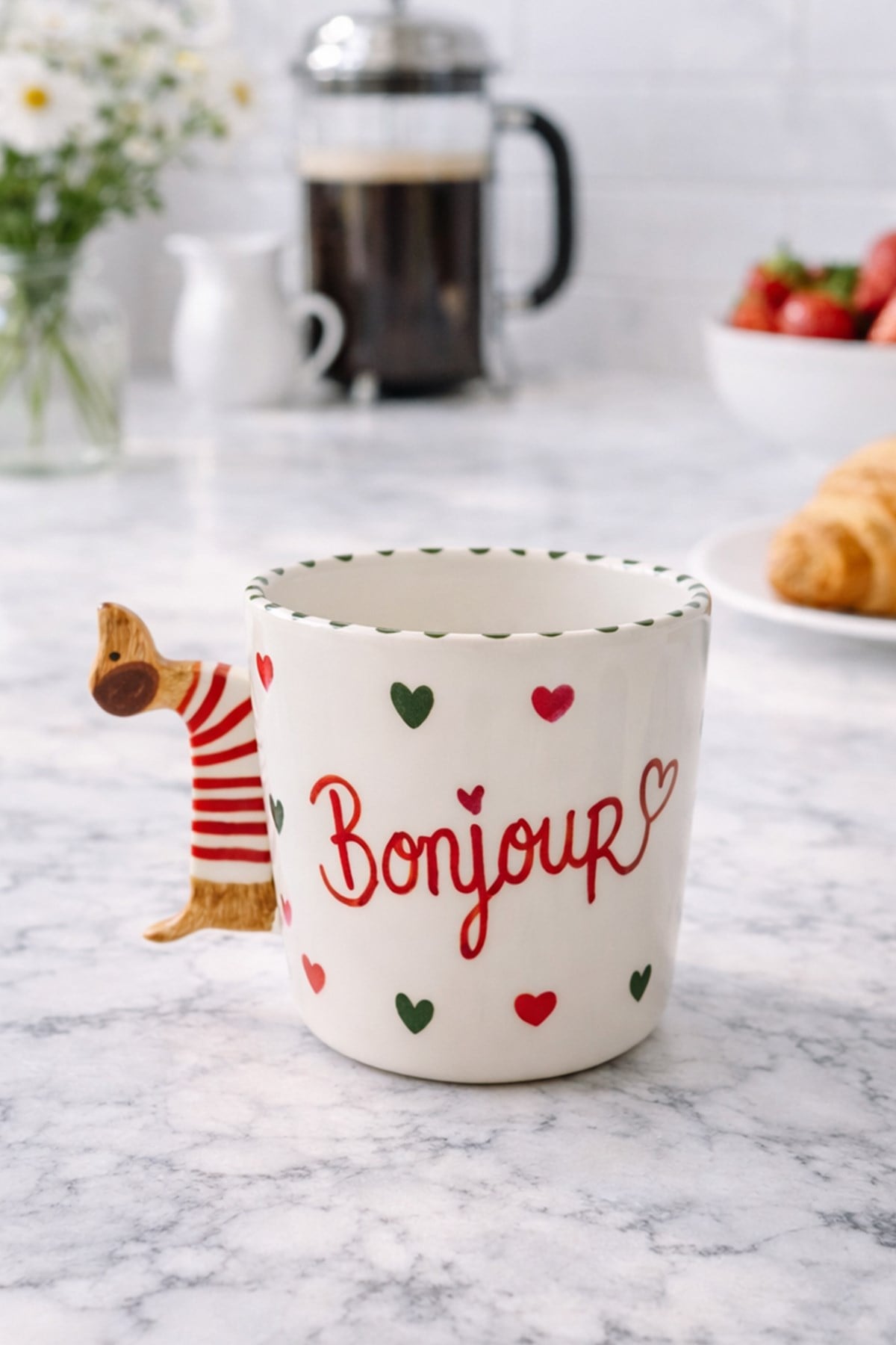 Köpek Saplı Bonjour Kalpli Kulplu Fincan 250 Ml