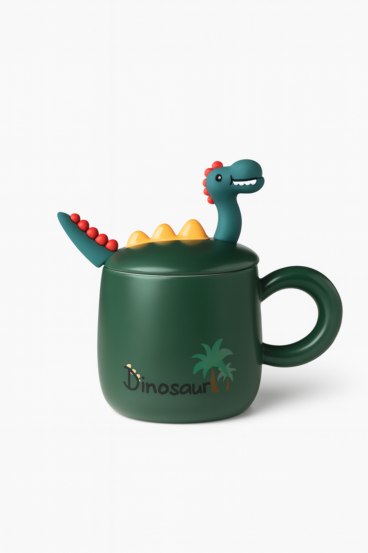 Koyu Yeşil Dinosour Kapak Kaşıklı Fincan
