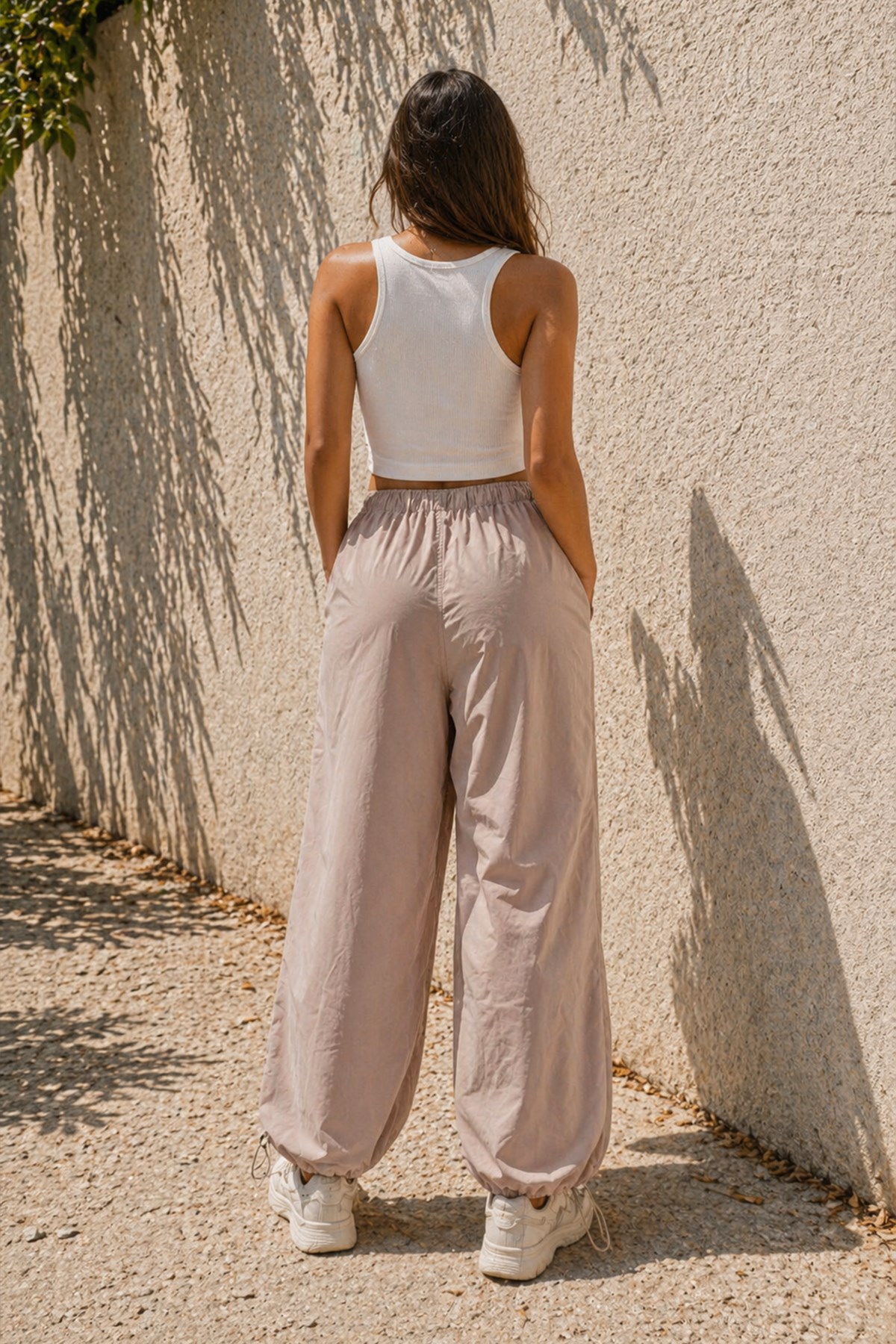 Krem Lastik Detaylı Spor Pantolon S