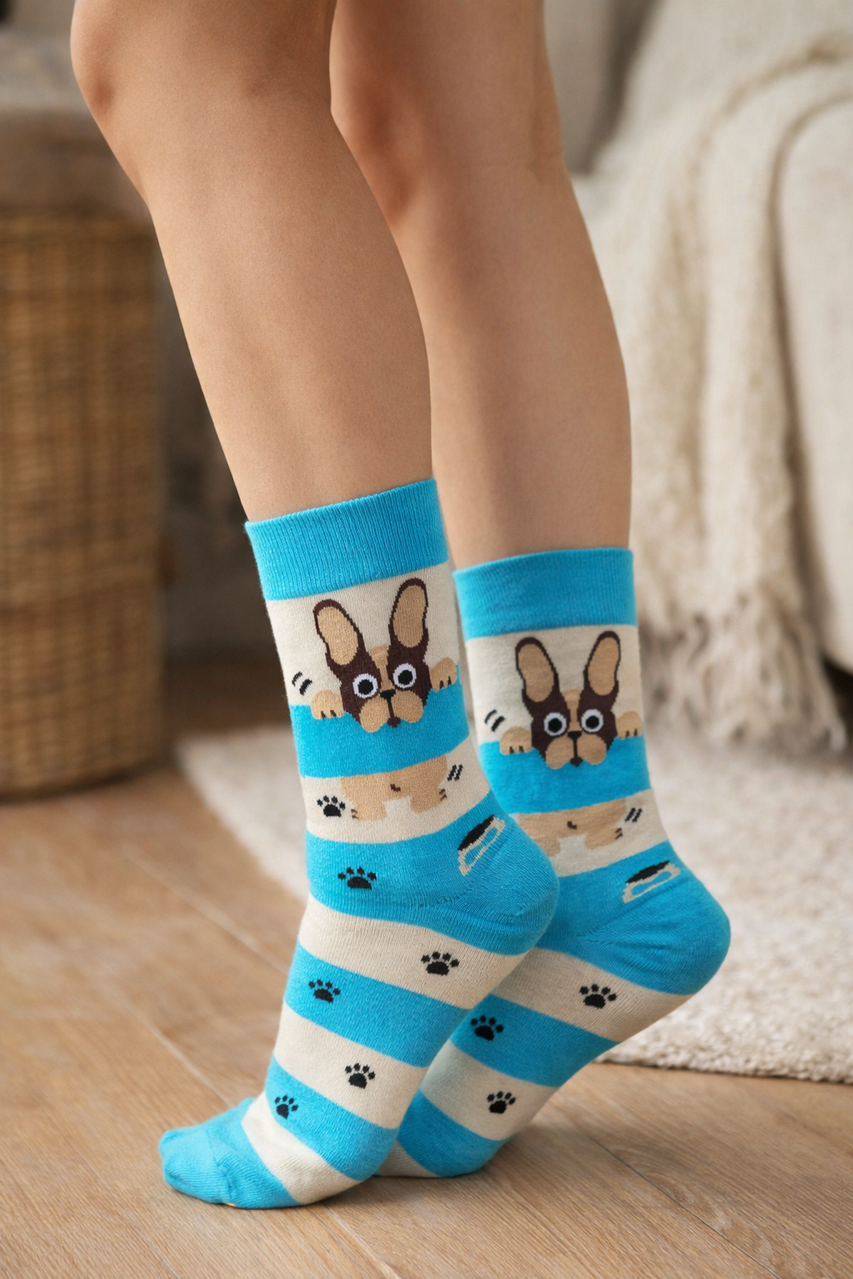 Krem Mavi Pug Köpek Çorap 36-44