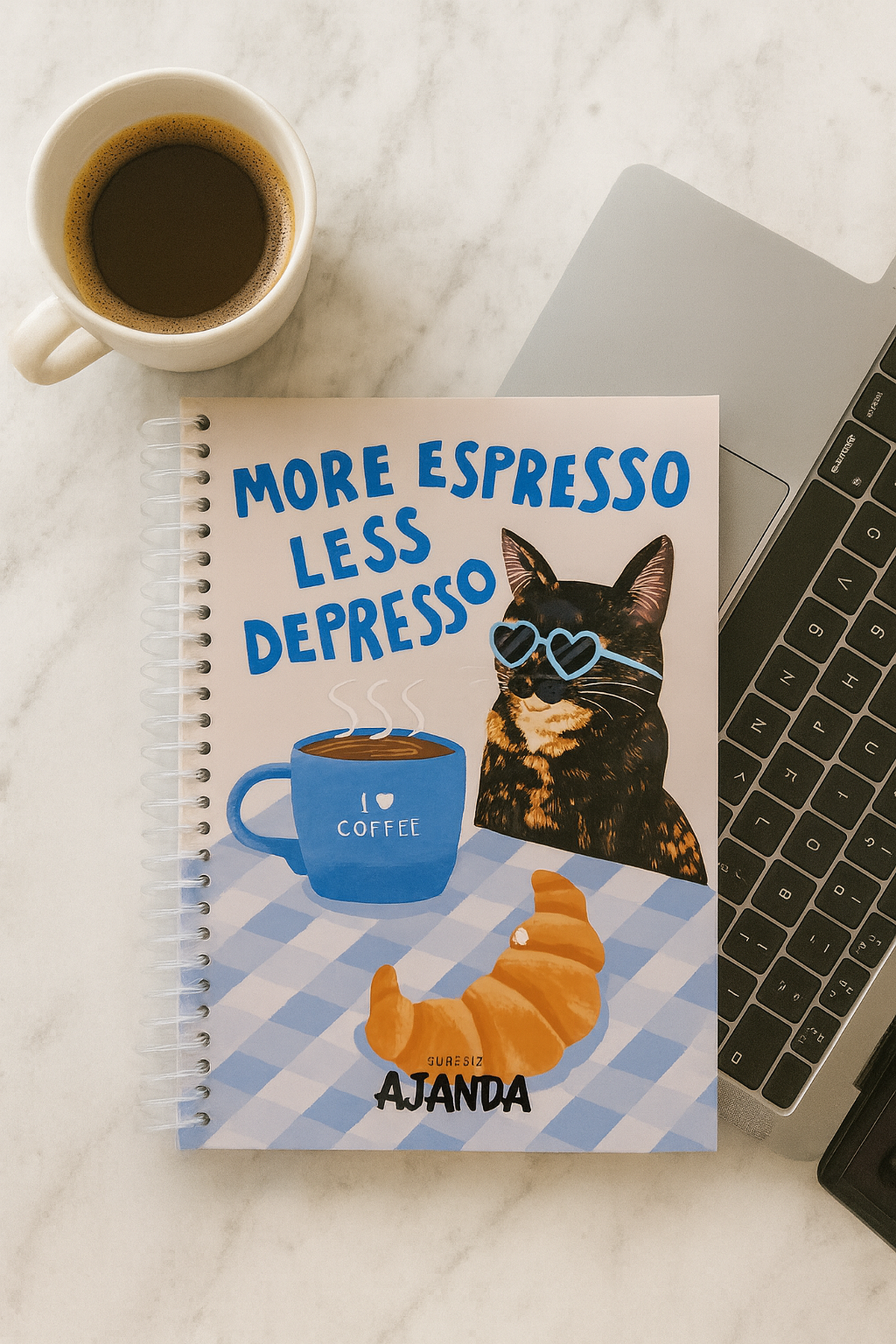 Kruvasanlı Kedi Stickerlı Spiral Defter