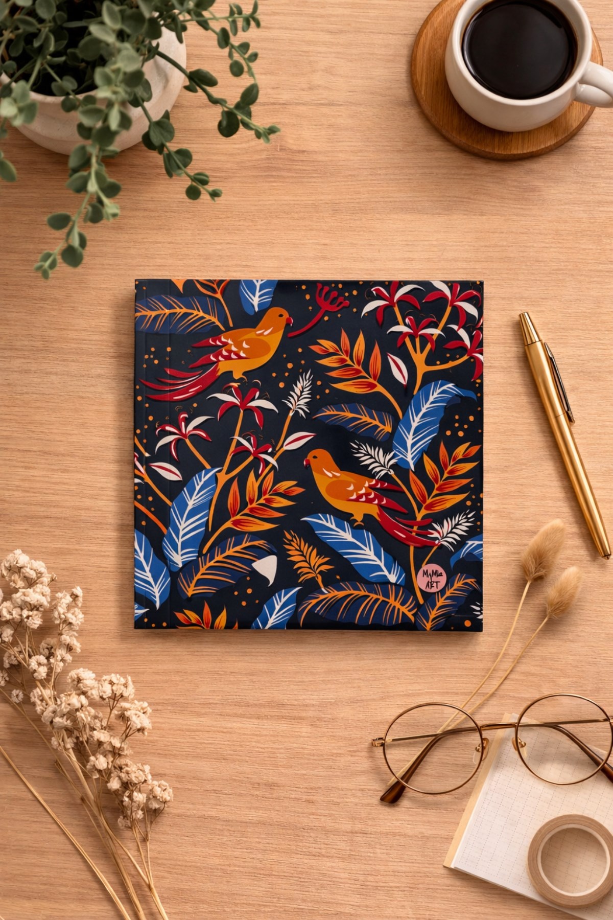 Lacivert Zeminli Turuncu Kuş Çizgili Defter 15x15cm