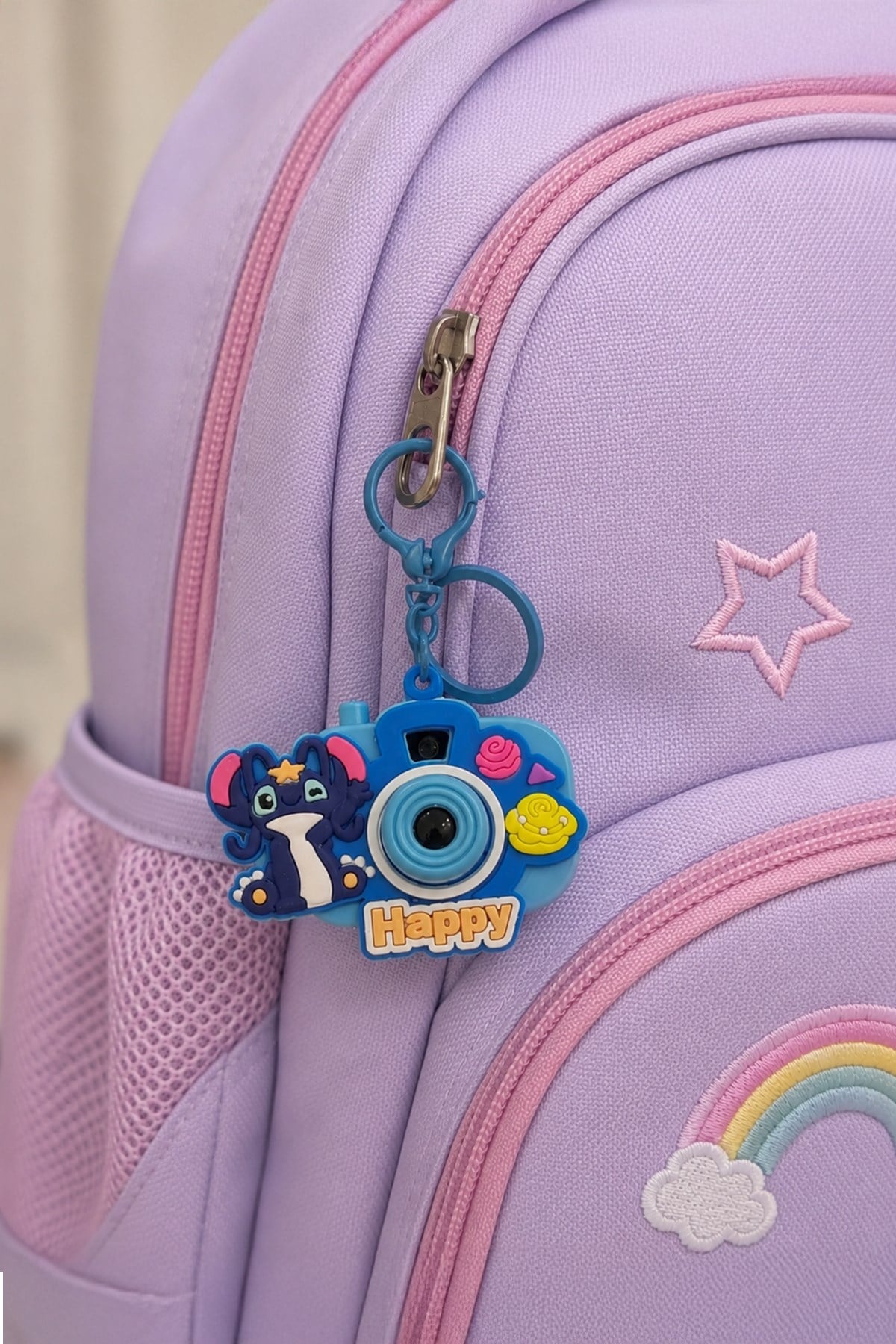 Mavi Happy Stitch Fotoğraf Makinalı Anahtarlık