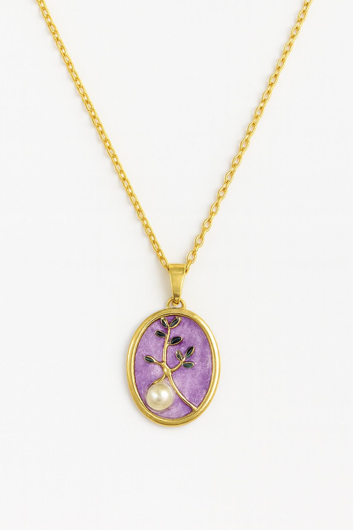 Mor Zeminli İnci Çelik Kolye