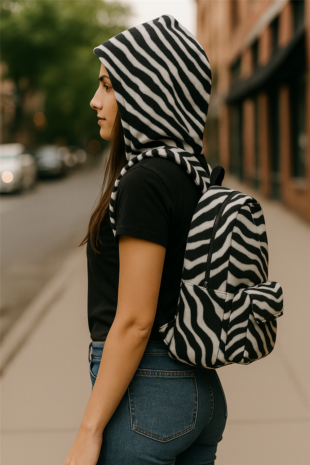 Morikukko Tüylü Zebra Çocuk Kapüşonlu Sırt Çantası