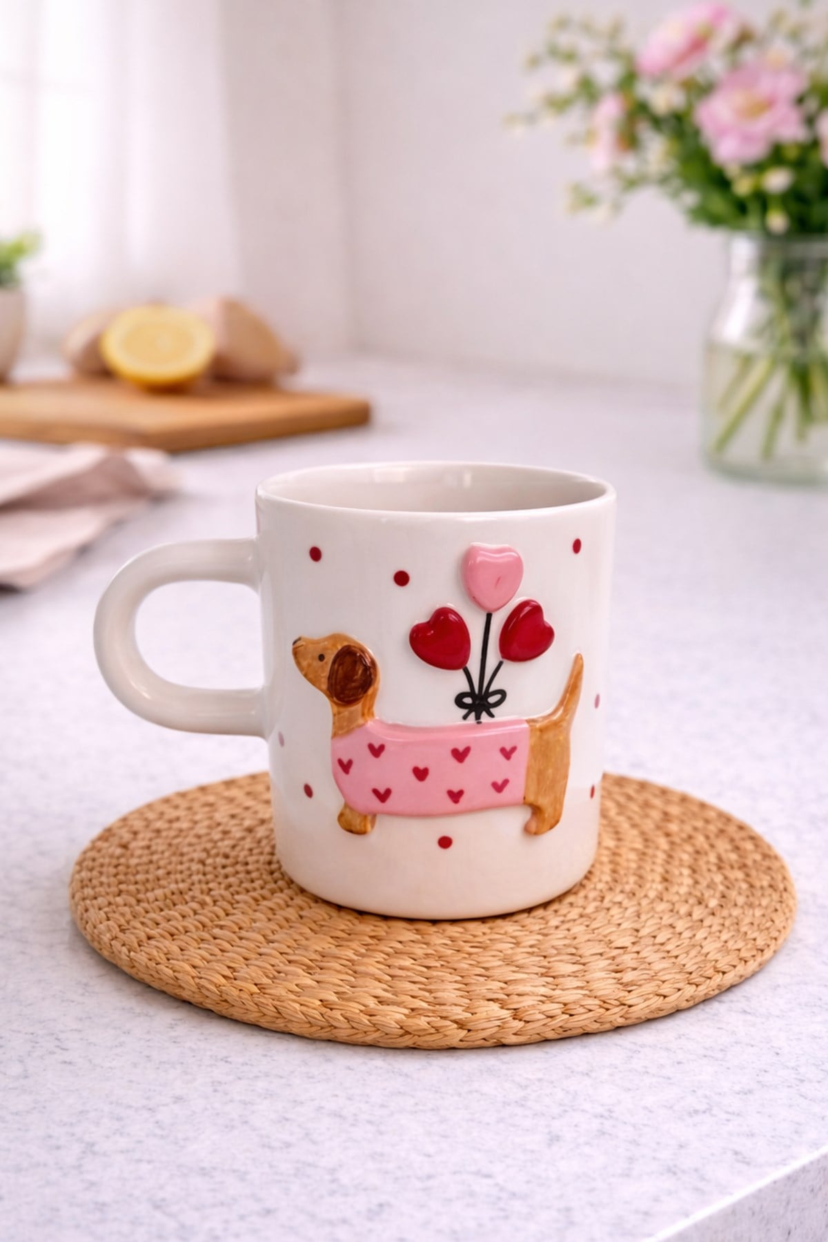 Pembe Kalpli Uzun Köpek Kalpli Kulplu Fincan 250 Ml