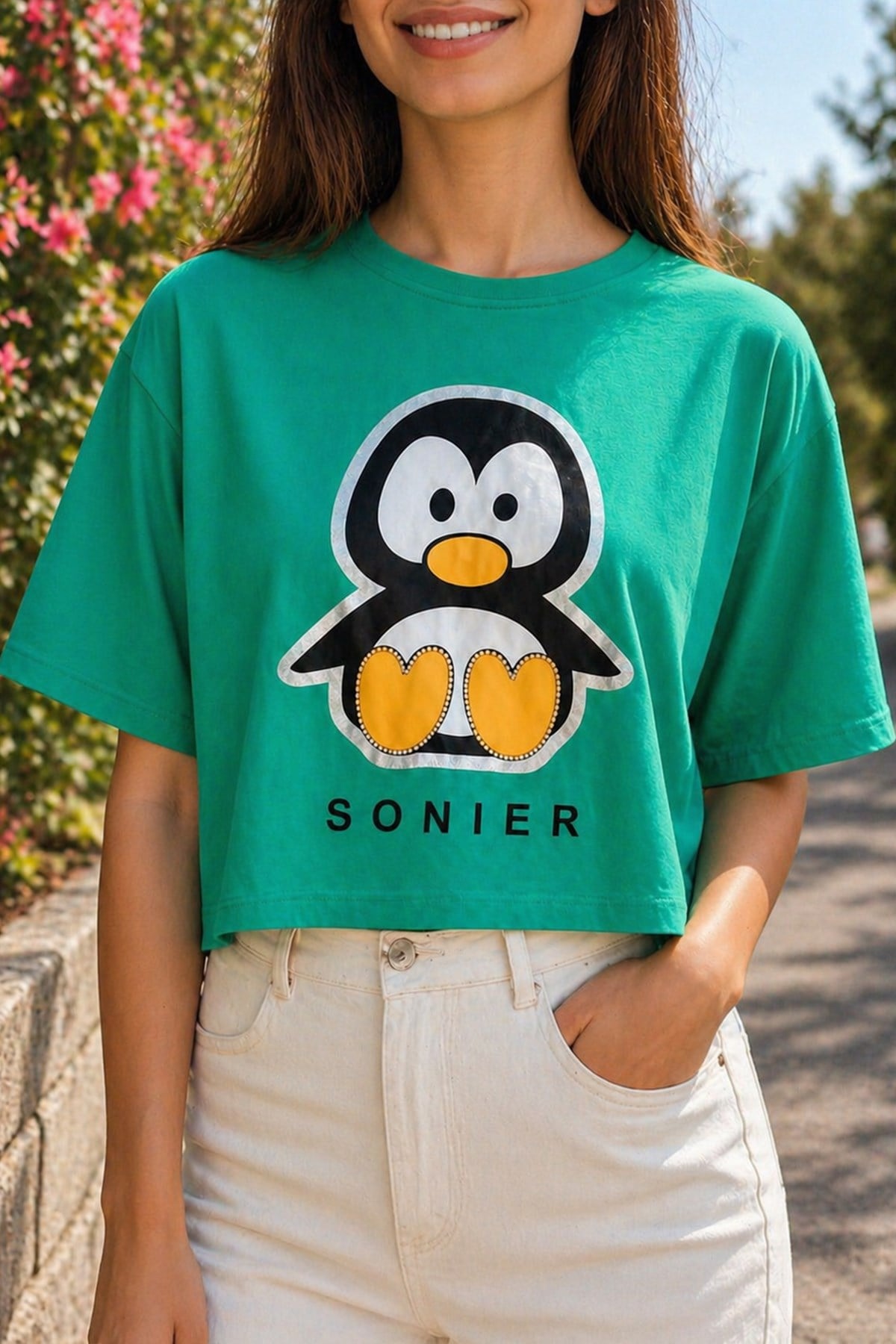 PENGUEN BASKILI YEŞİL T-SHIRT