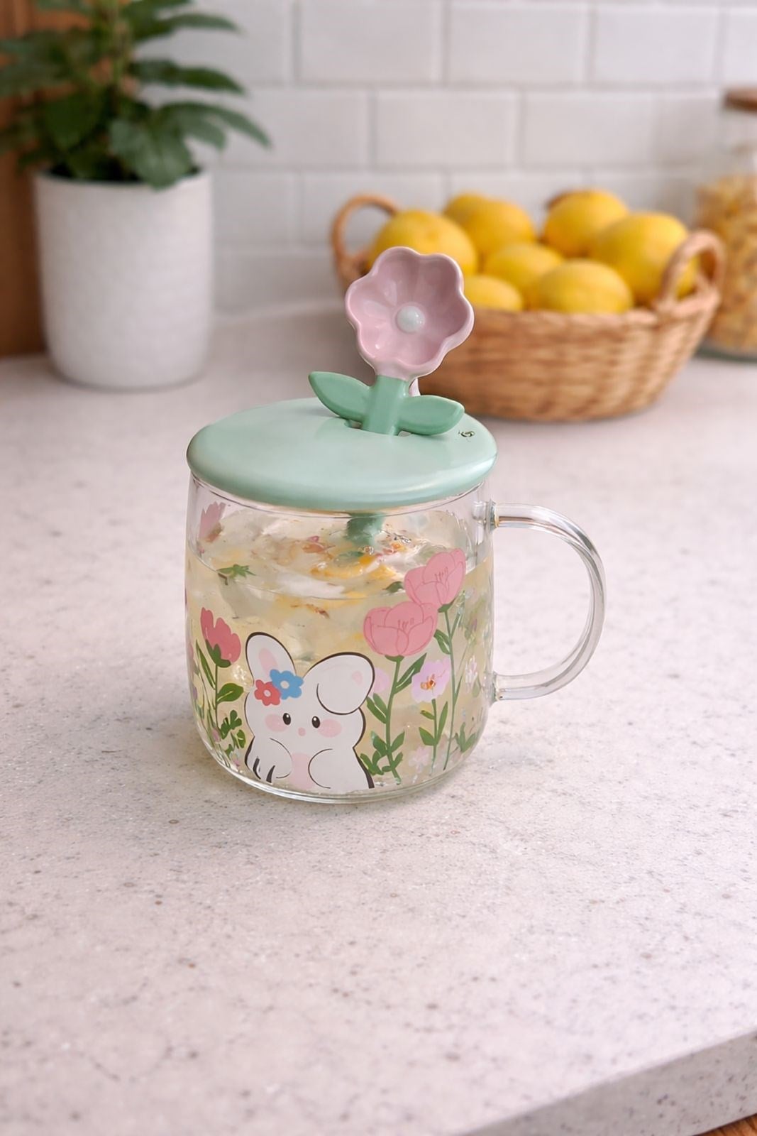 Seramik Pembe Çiçek Kaşık Kapak Kulplu Cam Kupa 480 Ml