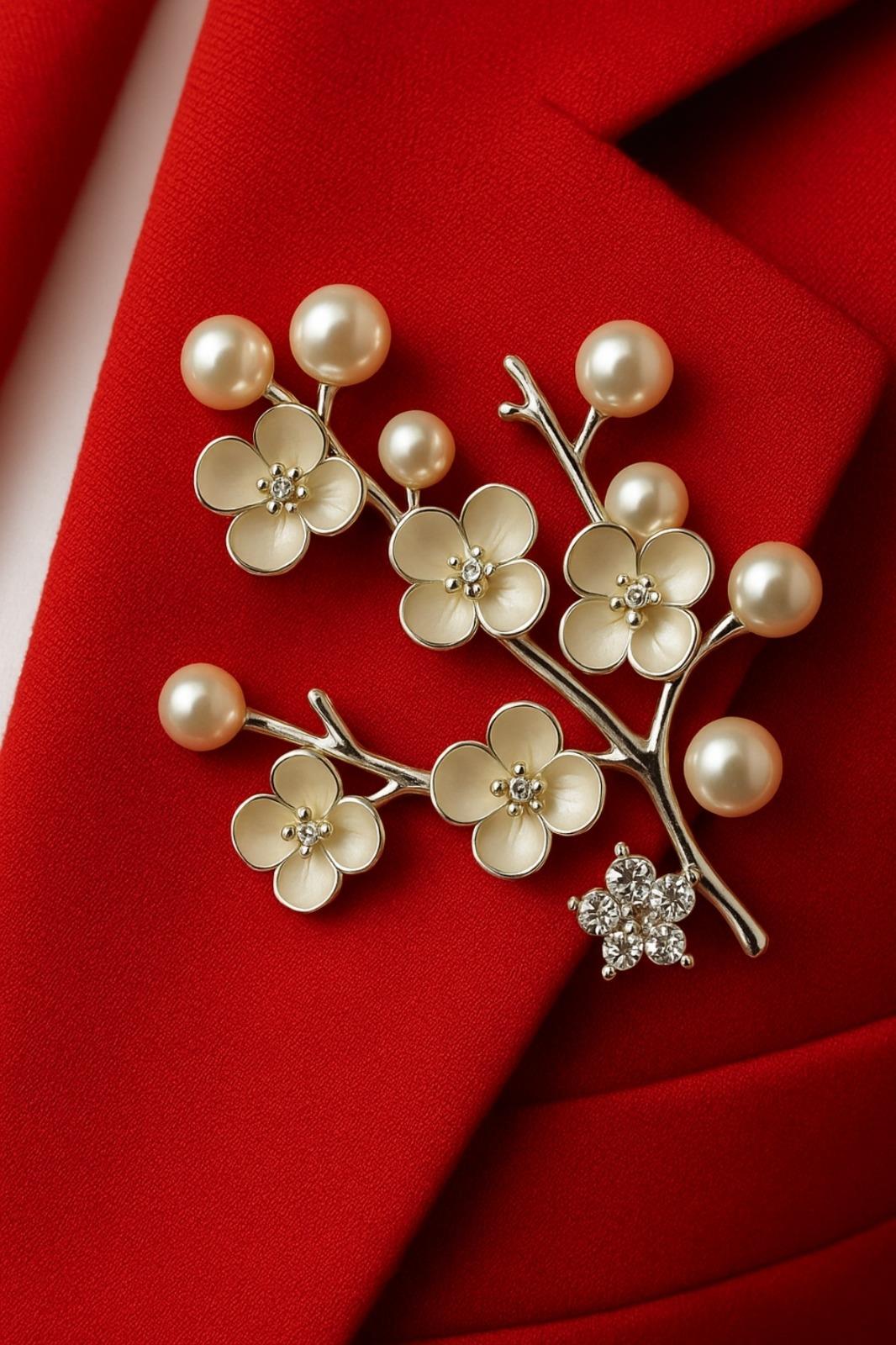 Silver İnci Taşlı Çiçekli İğneli Broş