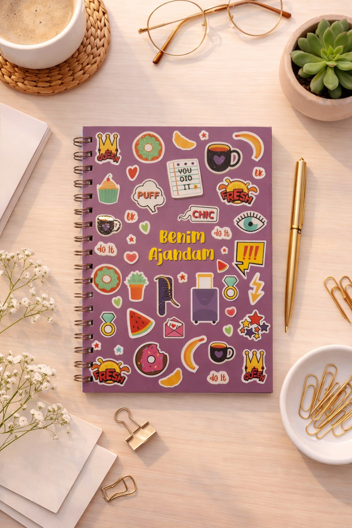 Spiralli Mor Puff Stickerlı Plan Ajandası 18x25cm