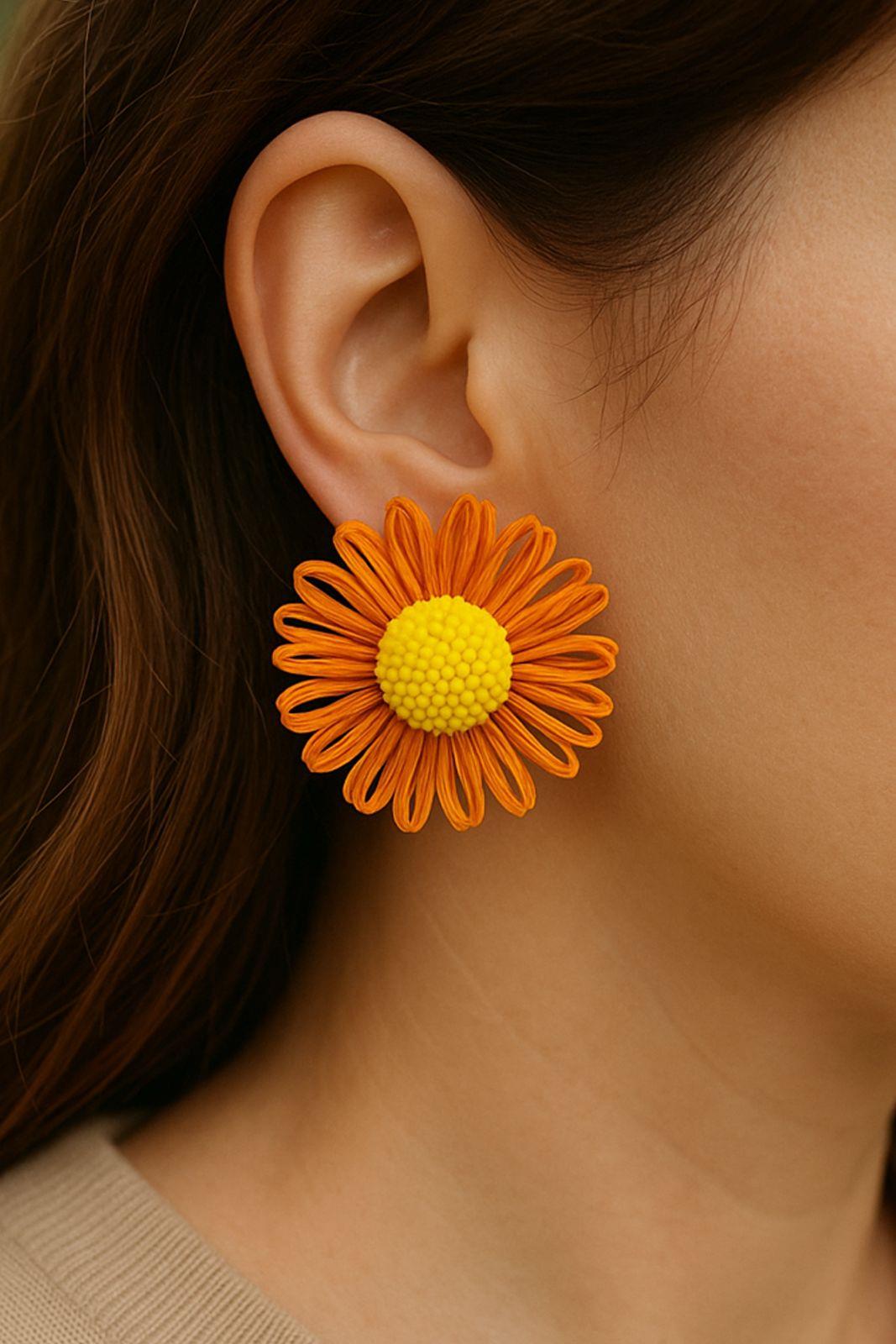 TURUNCU SARI HASIR ÇİÇEK KÜPE