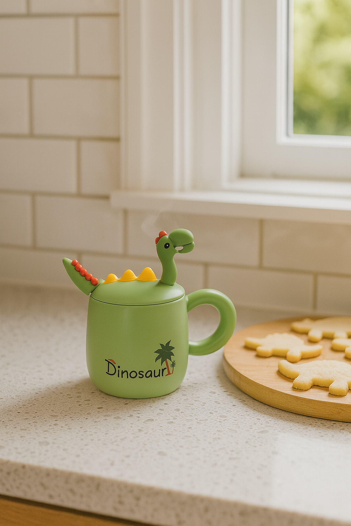 Yeşil Dinosour Kapak Kaşıklı Fincan