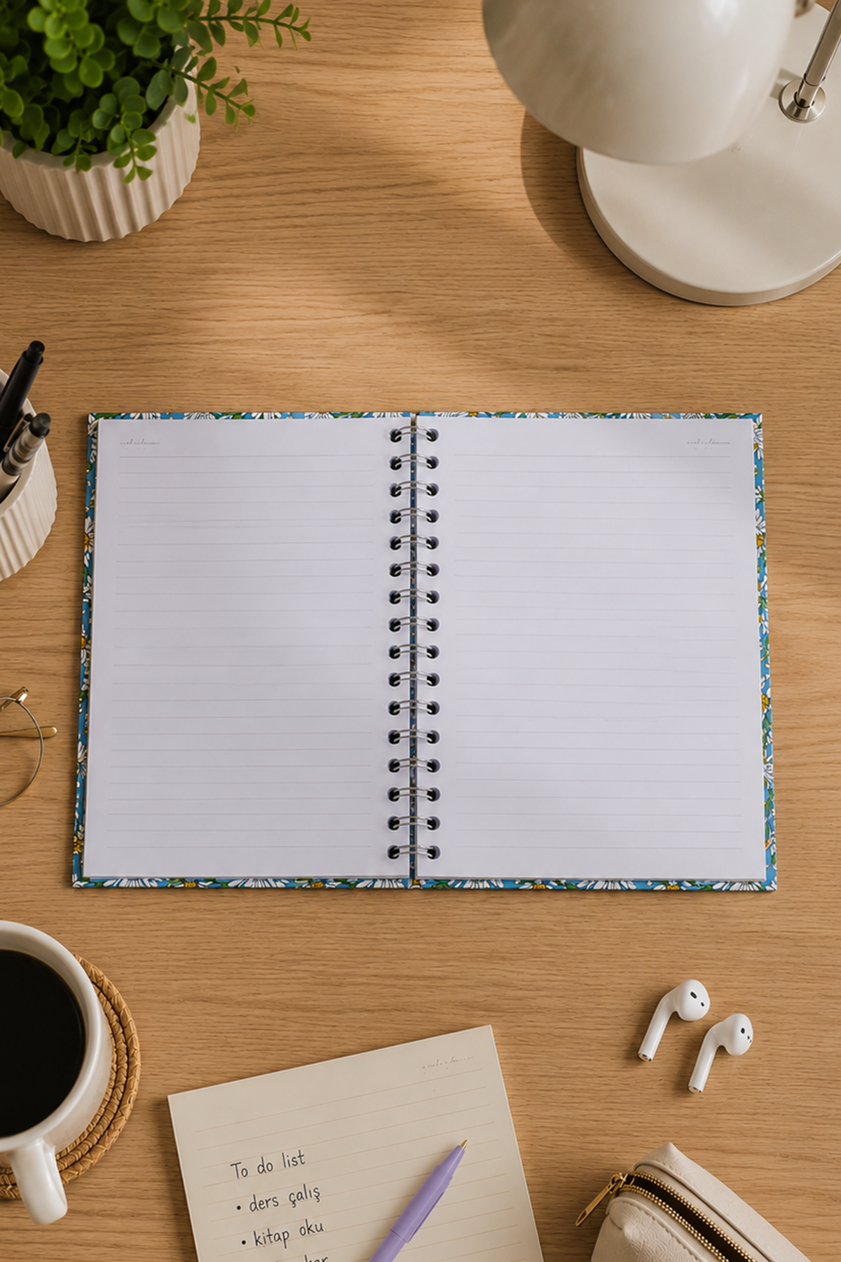 Yeşil Papatya Çizgili Spiralli Defter 15X20 cm
