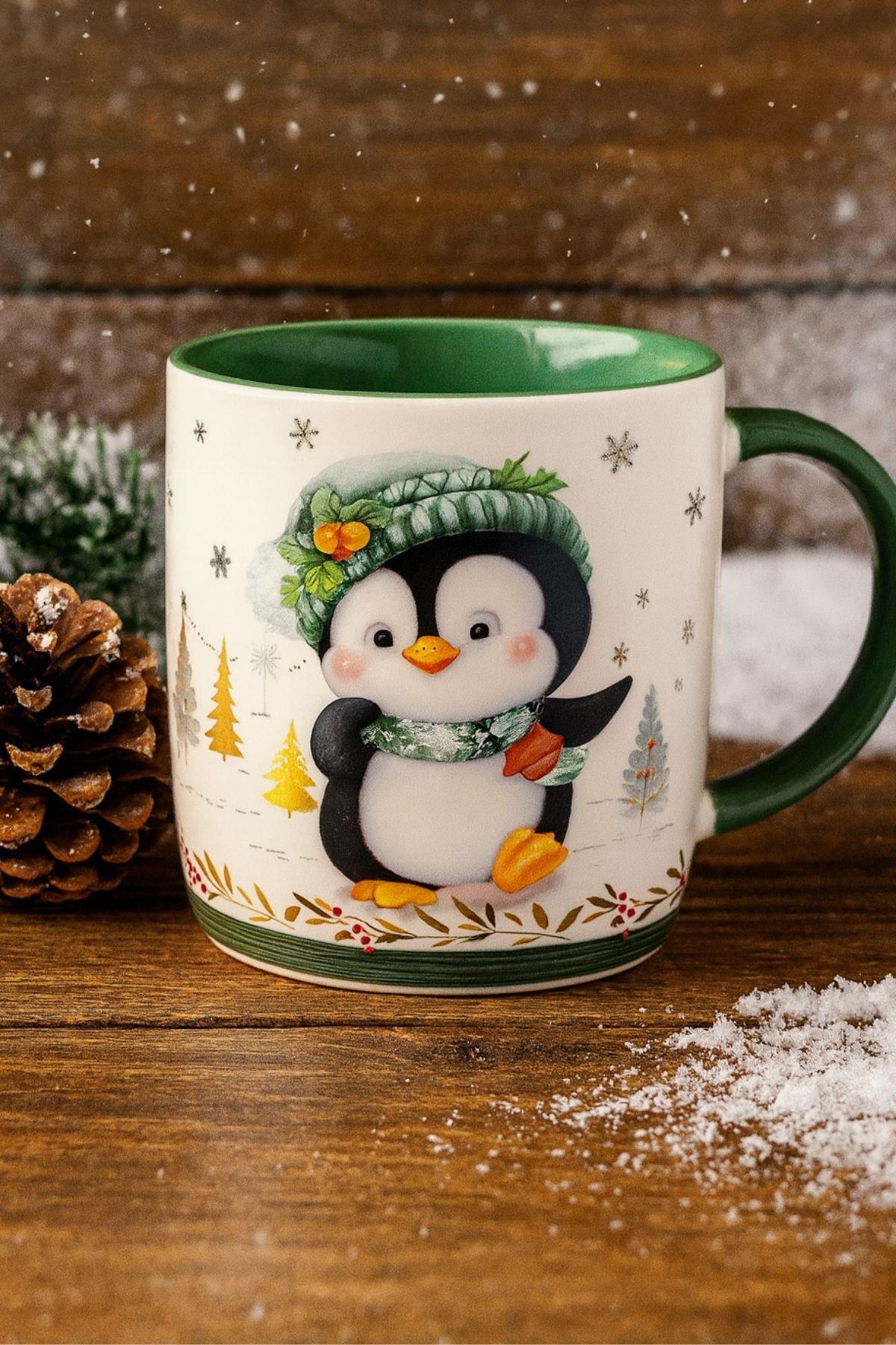 Yeşil Şapkalı Penguen Figürlü Kulplu Kupa