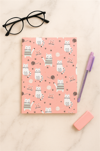 20 Cm Pembe Kedi Figürlü Çizgili Defter