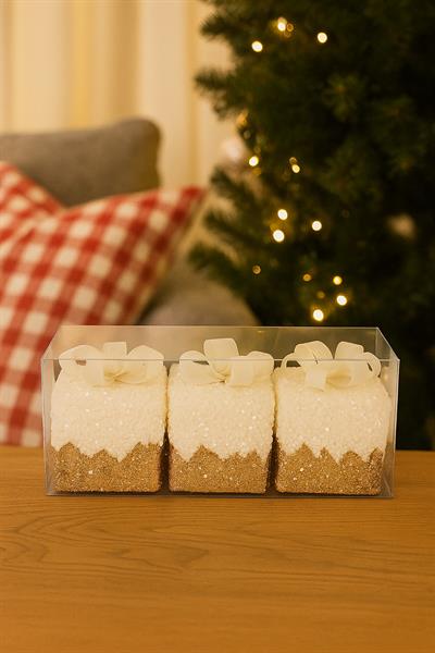 3 Lü Gold Beyaz Simli Hediye Kutusu Ağaç Süsleri 6 Cm