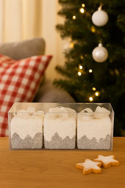 3 Lü Gri Simli Hediye Kutusu Ağaç Süsleri 6 Cm