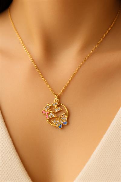 3 Renk Taşlı Kelebek Çelik Kolye