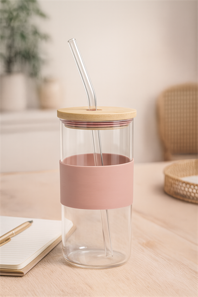 400 Ml Pembe  Bambu Kapaklı Cam Pipetli Kupa