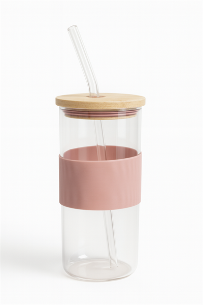 400 Ml Pembe  Bambu Kapaklı Cam Pipetli Kupa