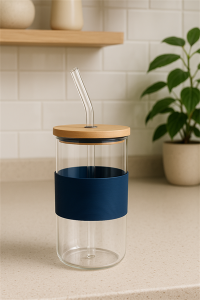 400 Ml Petrol Mavisi Bambu Kapaklı Cam Pipetli Kupa