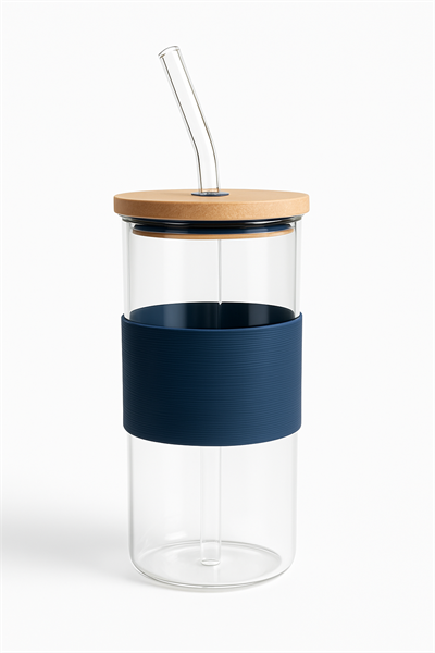 400 Ml Petrol Mavisi Bambu Kapaklı Cam Pipetli Kupa