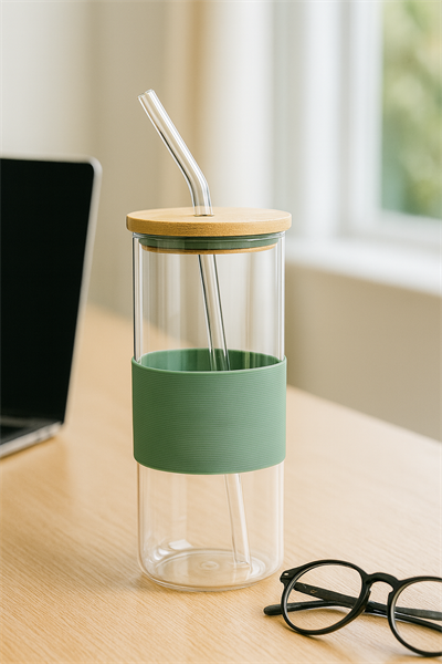 400 Ml Su Yeşili Bambu Kapaklı Cam Pipetli Kupa