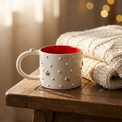 Altın Yıldız Kabartmalı Kırmızı Kulplu Orta Boy Kupa