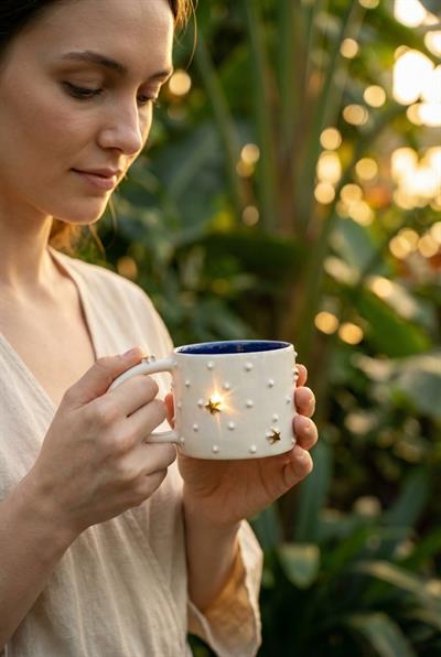 Altın Yıldız Kabartmalı Mavi Kulplu Orta Boy Kupa