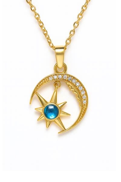 Ay Yıldız Gold Aura Taşlı Çelik Kolye