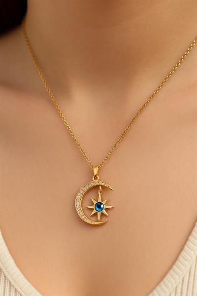 Ay Yıldız Gold Aura Taşlı Çelik Kolye