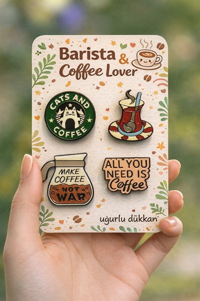Barista ve Kahve Severler İçin 4'lü Karakter Seti Rozet