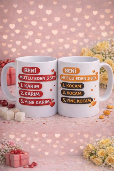 Beni Mutlu Eden 3 Şey: Karım & Kocam Kupa Bardak