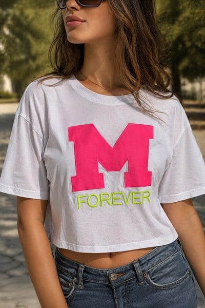 Beyaz Forever Baskılı Crop T Shırt S
