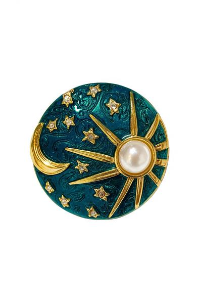 BEYAZ İNCİLİ GÜNEŞ SARI AY İĞNELİ BROŞ